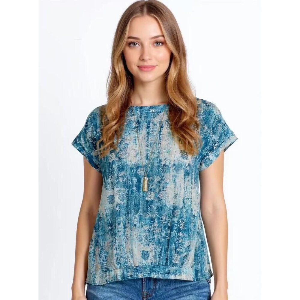 NWOT Johnny Was Santorini Blouse Silk Pete Greta Women Size M Blue Short Sleeve